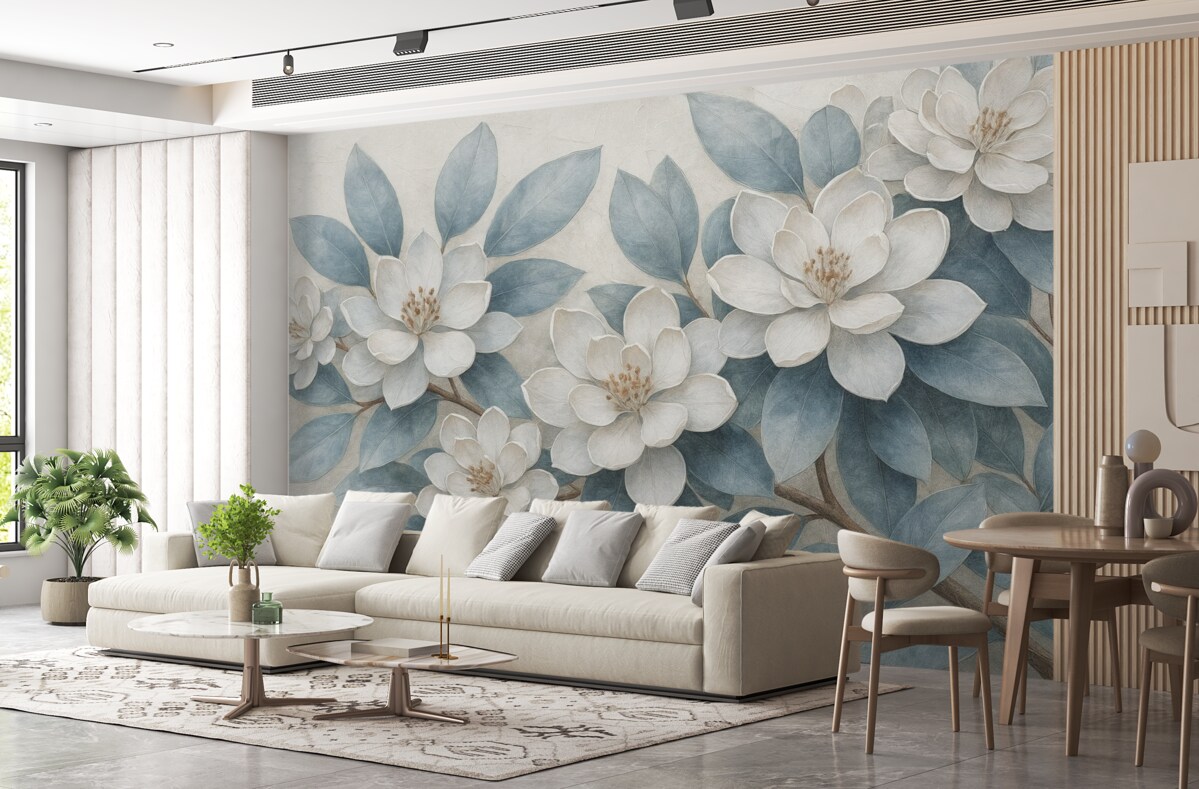 Fototapeta Subtelne białe kwiaty z szaro-zielonymi liśćmi na łagodnym, stonowanym tle w estetyce malarstwa olejnego.