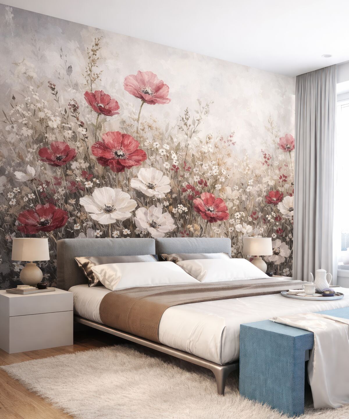 Fototapeta Łąka żywych czerwonych i białych kwiatów na delikatnym, mglistym tle w stylu malarstwa olejnego.