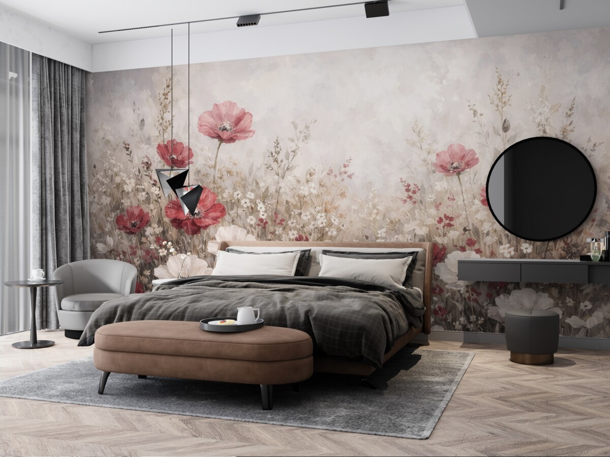 Fototapeta Łąka żywych czerwonych i białych kwiatów na delikatnym, mglistym tle w stylu malarstwa olejnego.