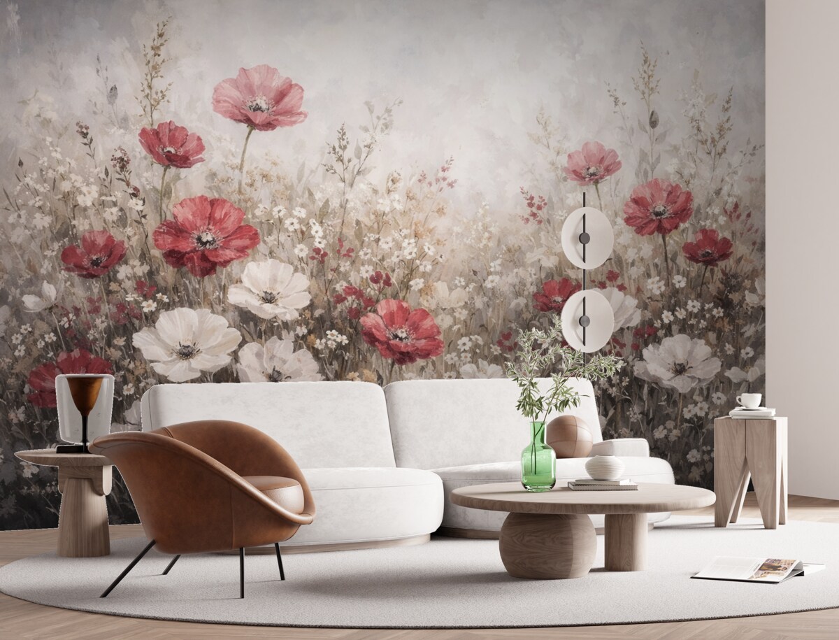 Fototapeta Łąka żywych czerwonych i białych kwiatów na delikatnym, mglistym tle w stylu malarstwa olejnego.