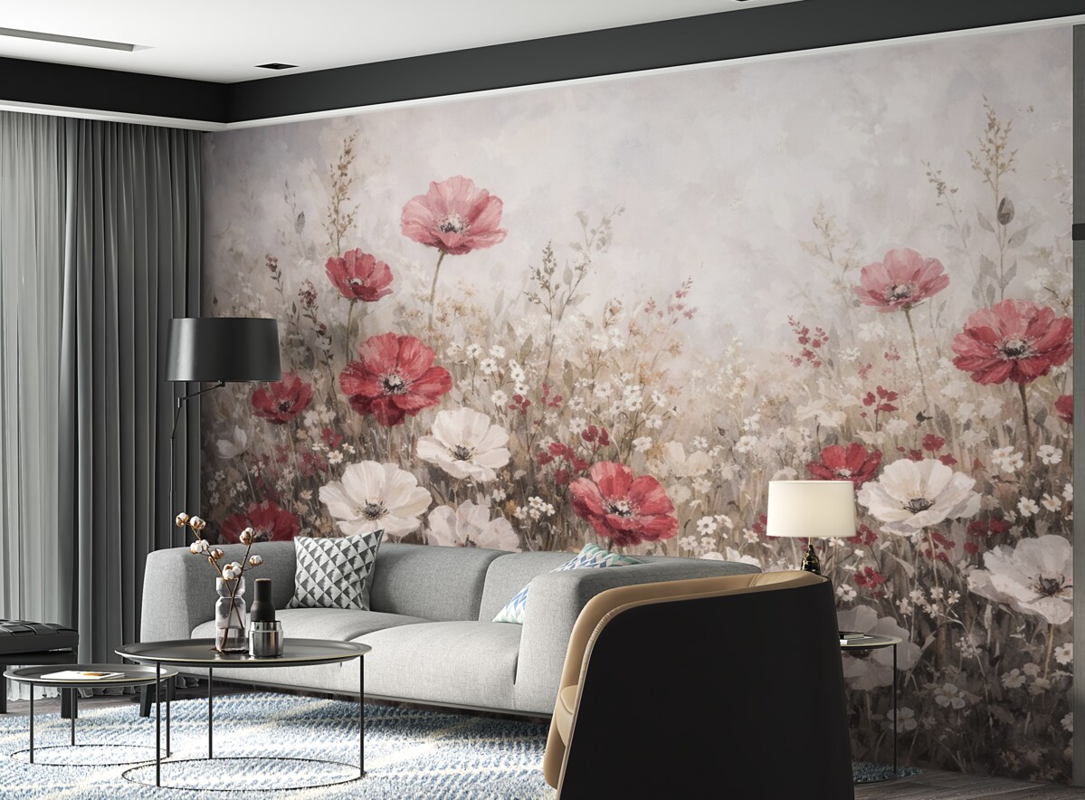 Fototapeta Łąka żywych czerwonych i białych kwiatów na delikatnym, mglistym tle w stylu malarstwa olejnego.