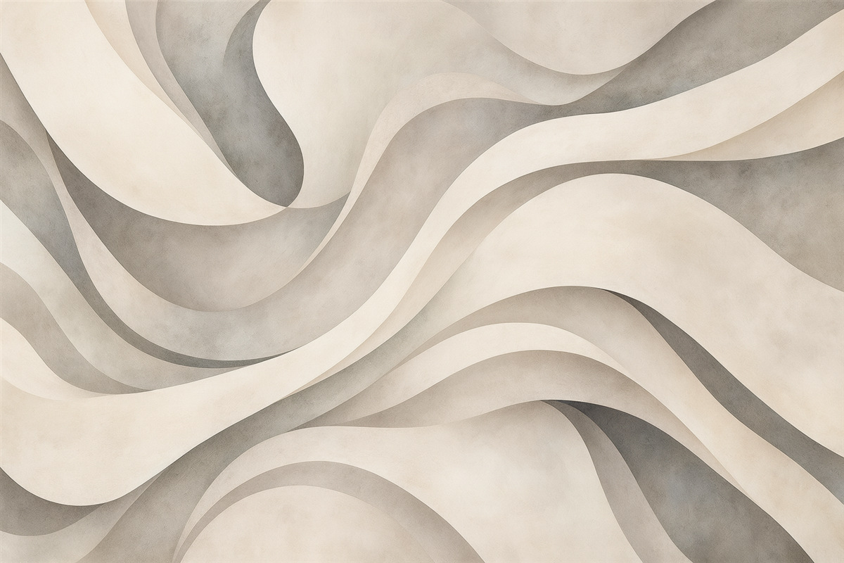 Fototapeta Białe, beżowe i szare zakrzywione formy oraz kształty, tworzące nowoczesny abstrakcyjny teksturowy nadruk minimalistyczny.