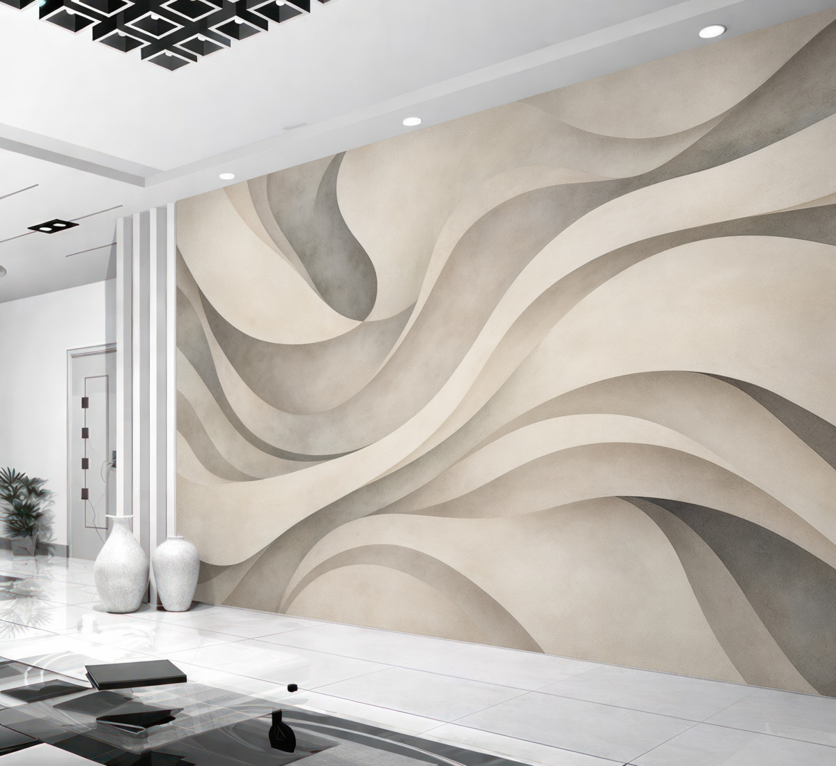 Fototapeta Białe, beżowe i szare zakrzywione formy oraz kształty, tworzące nowoczesny abstrakcyjny teksturowy nadruk minimalistyczny.