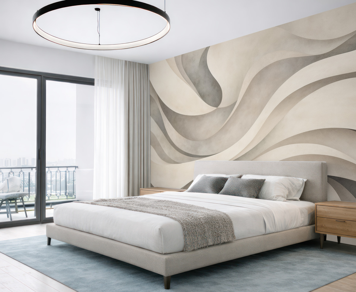 Fototapeta Białe, beżowe i szare zakrzywione formy oraz kształty, tworzące nowoczesny abstrakcyjny teksturowy nadruk minimalistyczny.