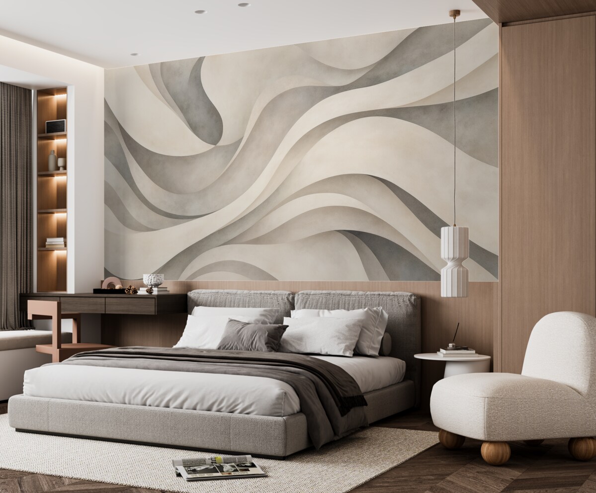 Fototapeta Białe, beżowe i szare zakrzywione formy oraz kształty, tworzące nowoczesny abstrakcyjny teksturowy nadruk minimalistyczny.