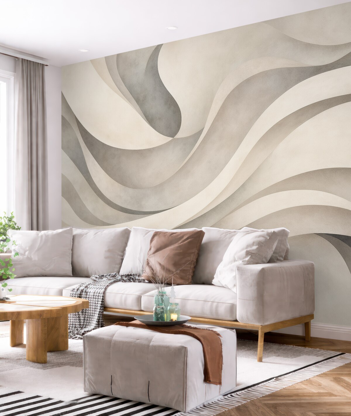 Fototapeta Białe, beżowe i szare zakrzywione formy oraz kształty, tworzące nowoczesny abstrakcyjny teksturowy nadruk minimalistyczny.