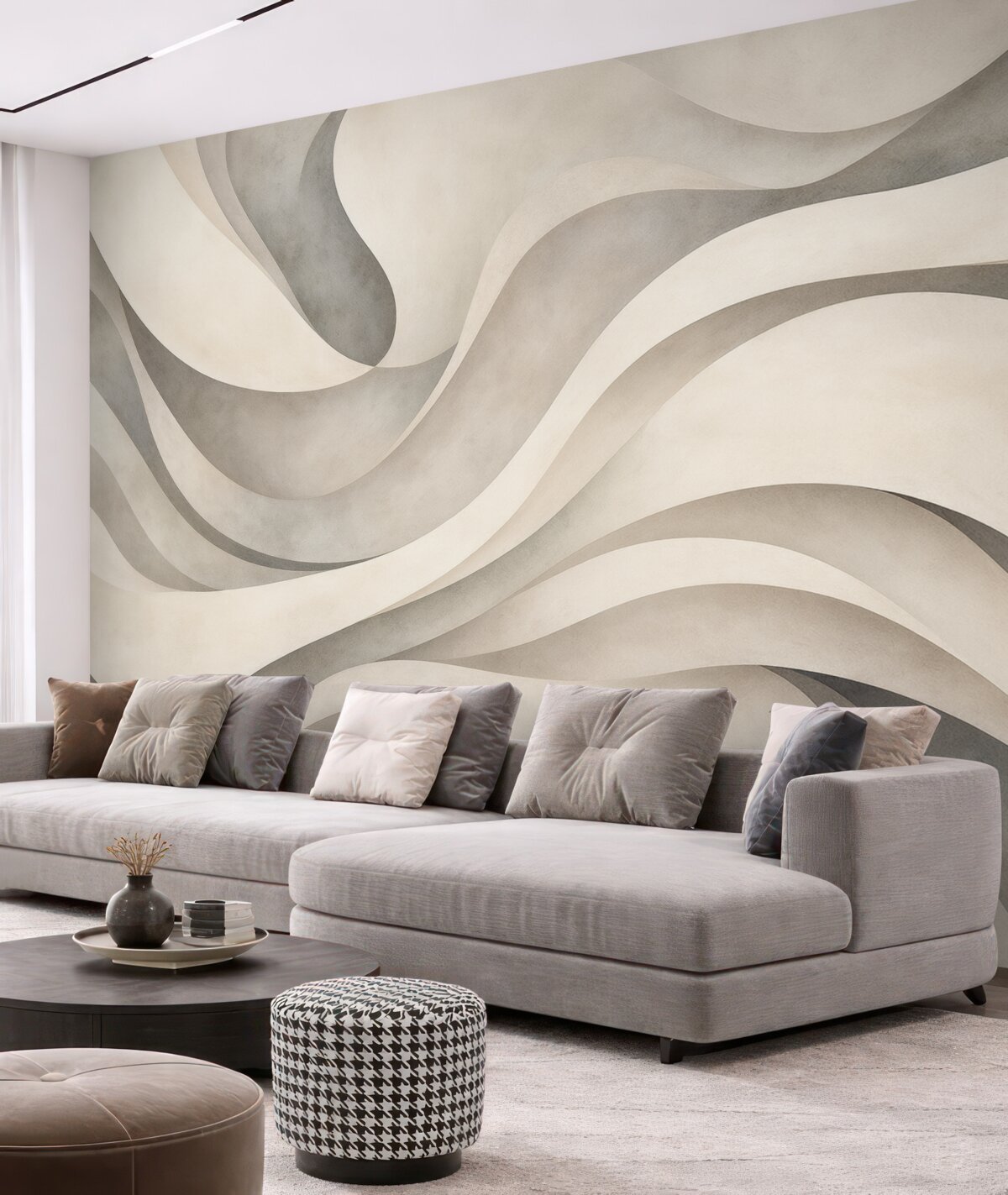 Fototapeta Białe, beżowe i szare zakrzywione formy oraz kształty, tworzące nowoczesny abstrakcyjny teksturowy nadruk minimalistyczny.