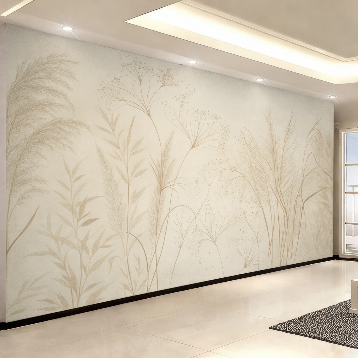 Fototapeta Monochromatyczna grafika różnorodnych beżowych roślin i kłosów z subtelnymi, delikatnymi liniami oraz fakturami.