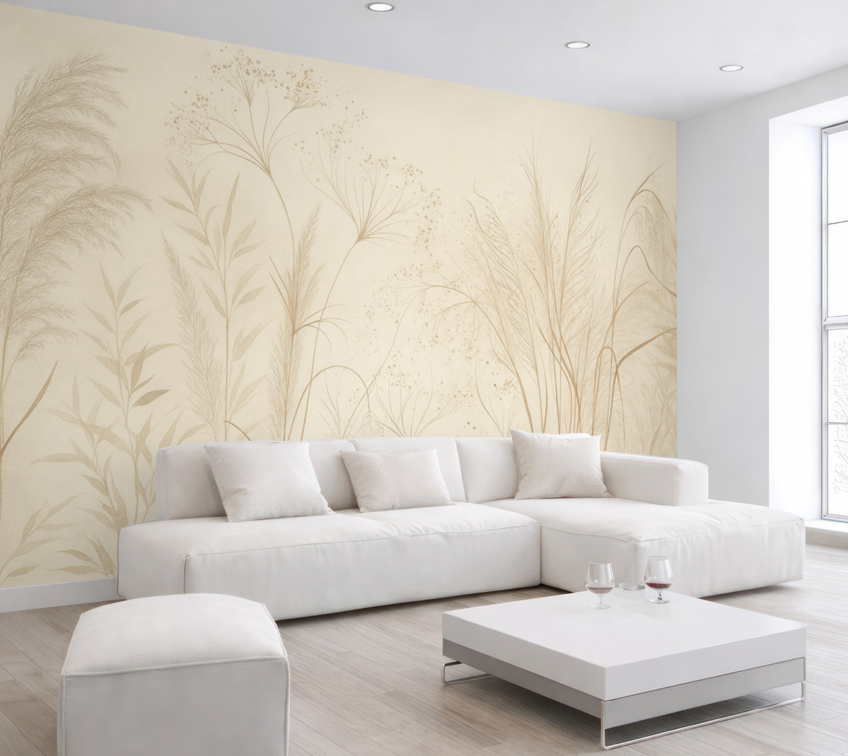 Fototapeta Monochromatyczna grafika różnorodnych beżowych roślin i kłosów z subtelnymi, delikatnymi liniami oraz fakturami.