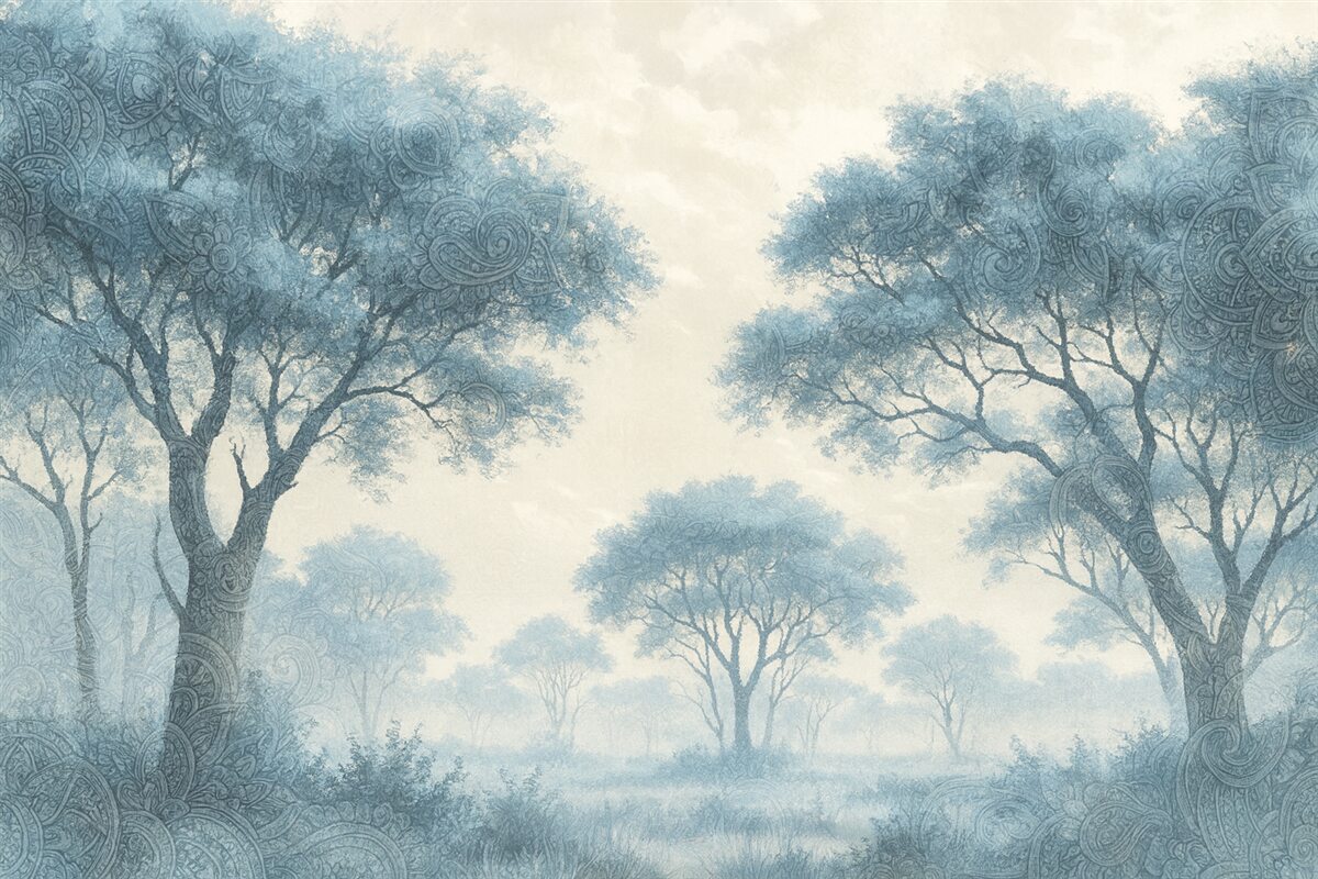 Fototapeta Mglisty, cichy pejzaż z konturami drzew na pierwszym planie oraz subtelną mgłą w tonach błękitu i beżu.