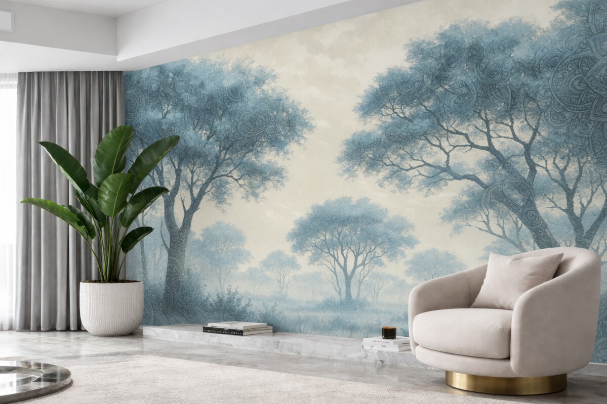 Fototapeta Mglisty, cichy pejzaż z konturami drzew na pierwszym planie oraz subtelną mgłą w tonach błękitu i beżu.