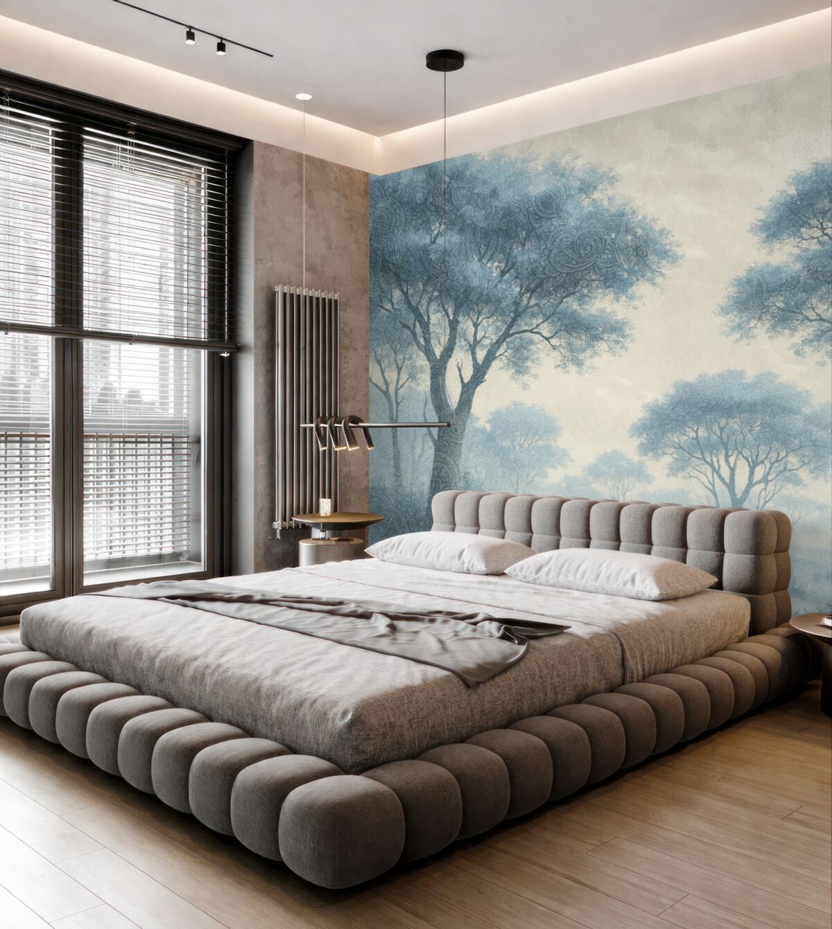 Fototapeta Mglisty, cichy pejzaż z konturami drzew na pierwszym planie oraz subtelną mgłą w tonach błękitu i beżu.