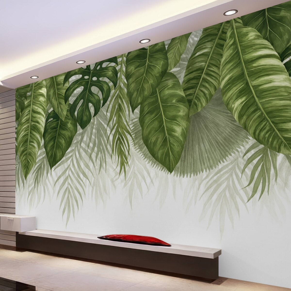 Fototapeta Tropikalne liście w różnych odcieniach zieleni, w tym spore liście monstery i palmowe liście na jasnym tle.
