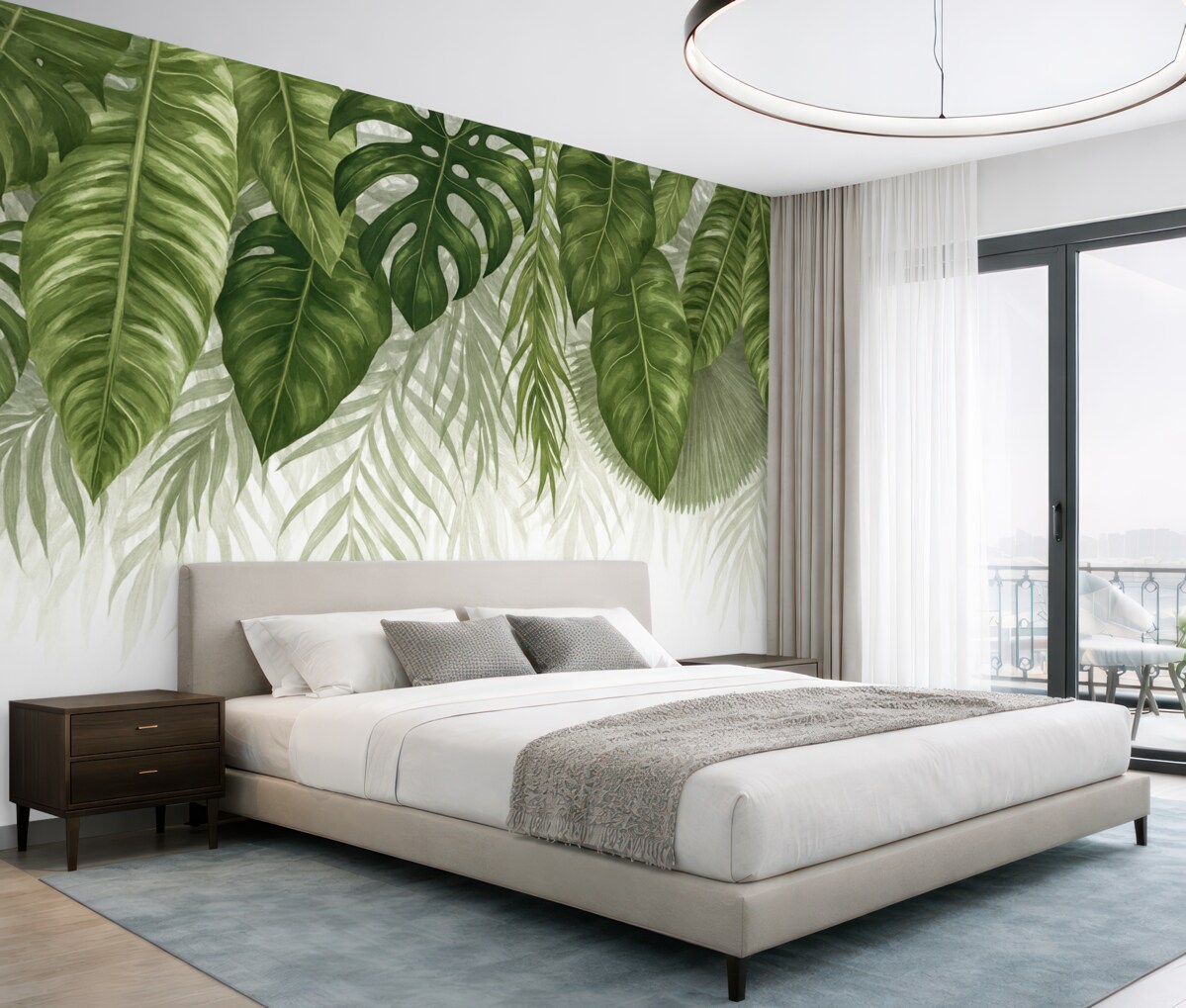 Fototapeta Tropikalne liście w różnych odcieniach zieleni, w tym spore liście monstery i palmowe liście na jasnym tle.