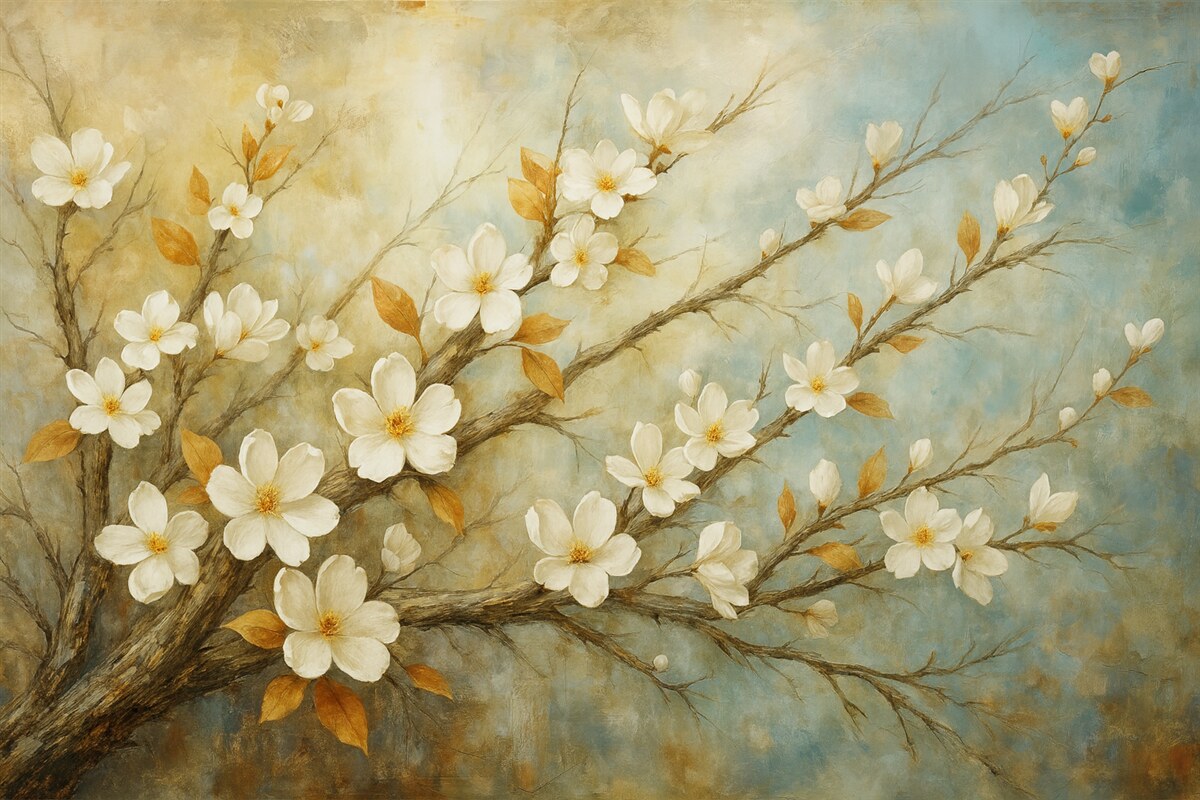 Fototapeta Białe kwiatuszki wiśni na konarach na delikatnym niebieskim i zielonym tle w stylu malarstwa olejnego.