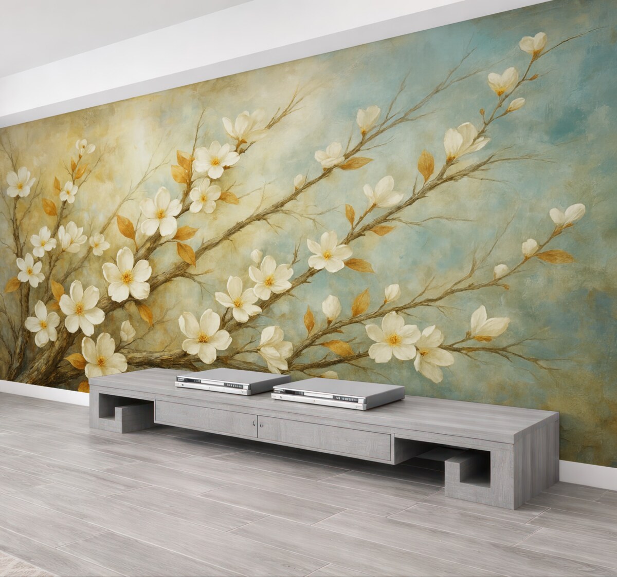 Fototapeta Białe kwiatuszki wiśni na konarach na delikatnym niebieskim i zielonym tle w stylu malarstwa olejnego.