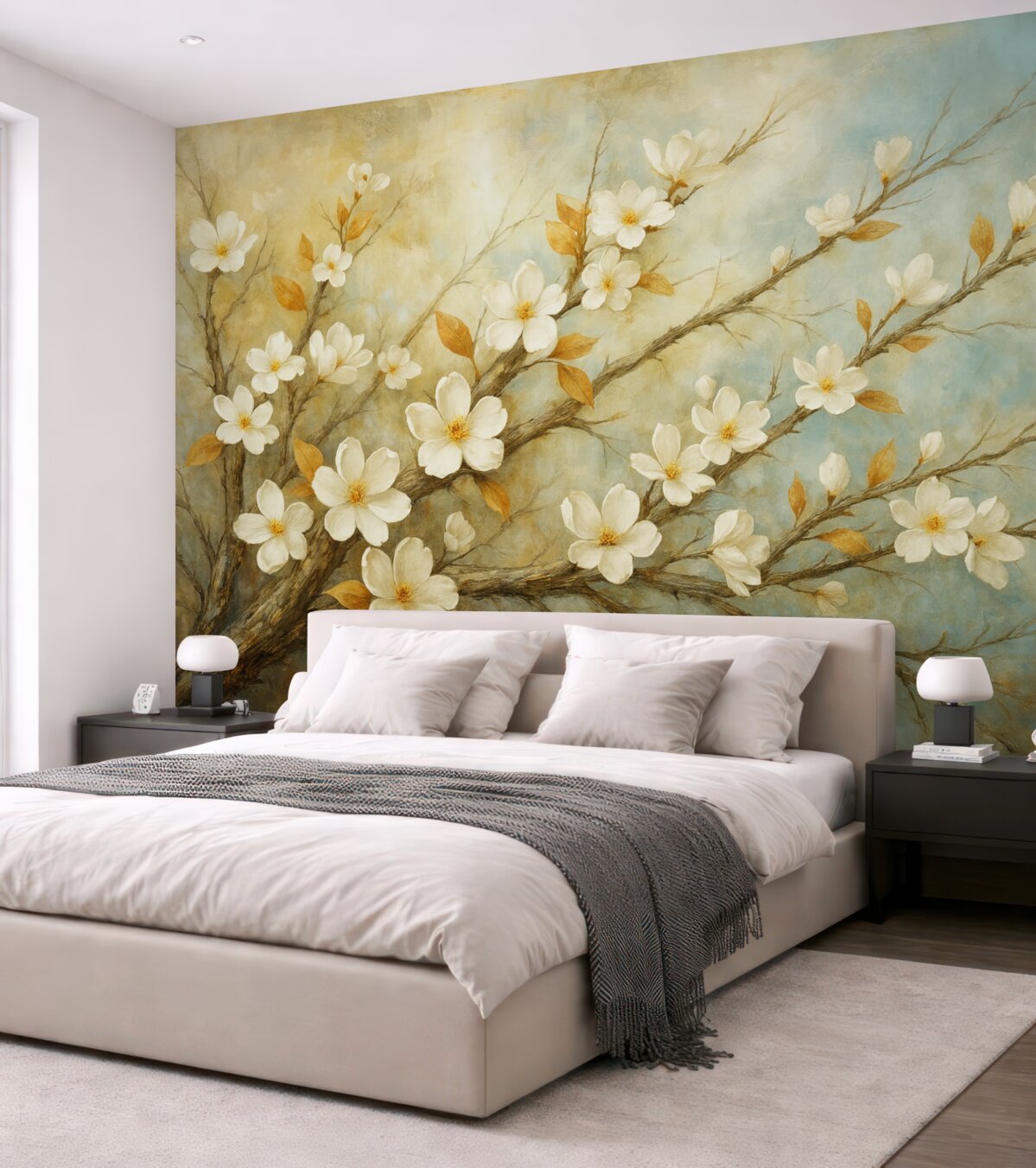 Fototapeta Białe kwiatuszki wiśni na konarach na delikatnym niebieskim i zielonym tle w stylu malarstwa olejnego.