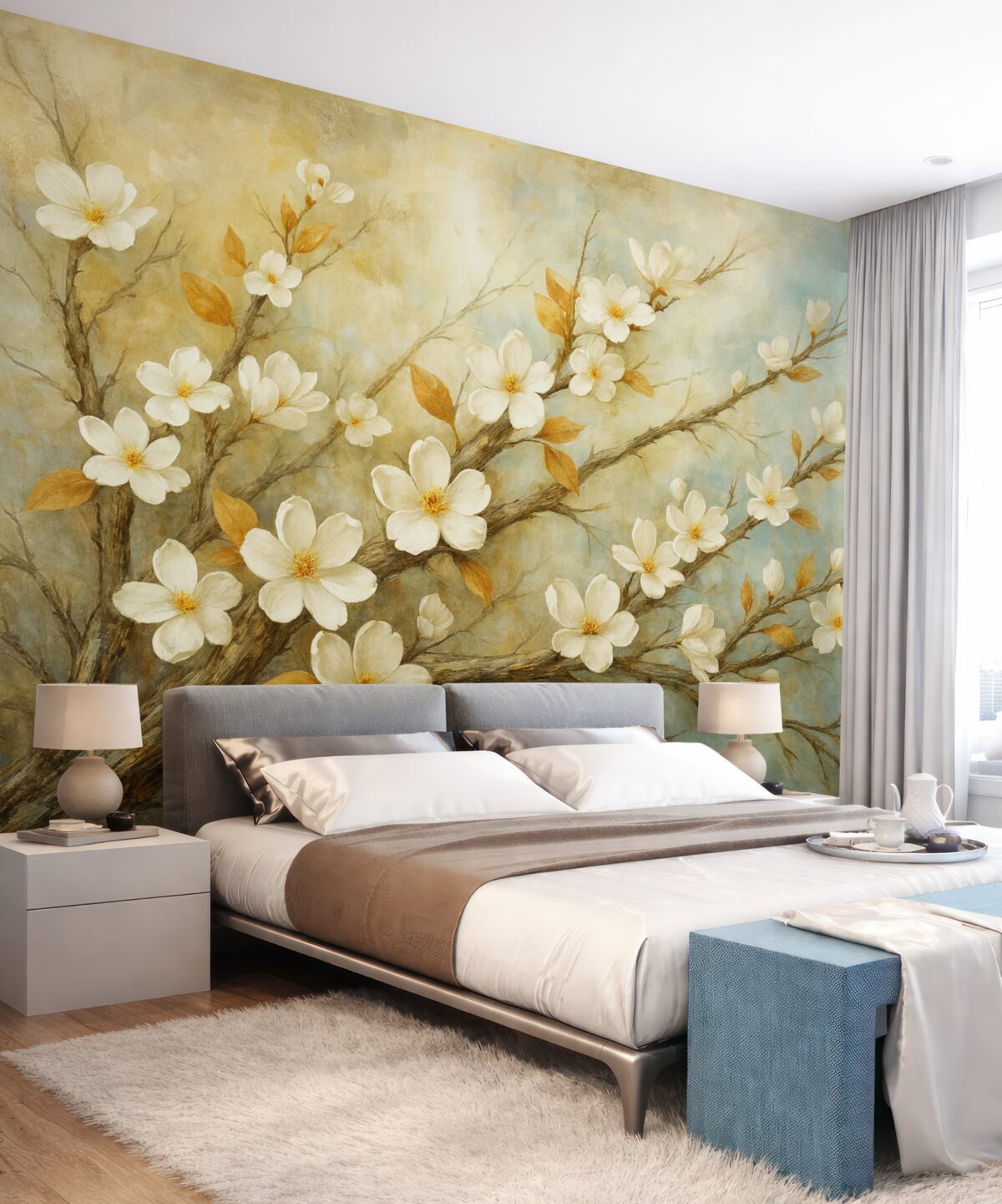 Fototapeta Białe kwiatuszki wiśni na konarach na delikatnym niebieskim i zielonym tle w stylu malarstwa olejnego.