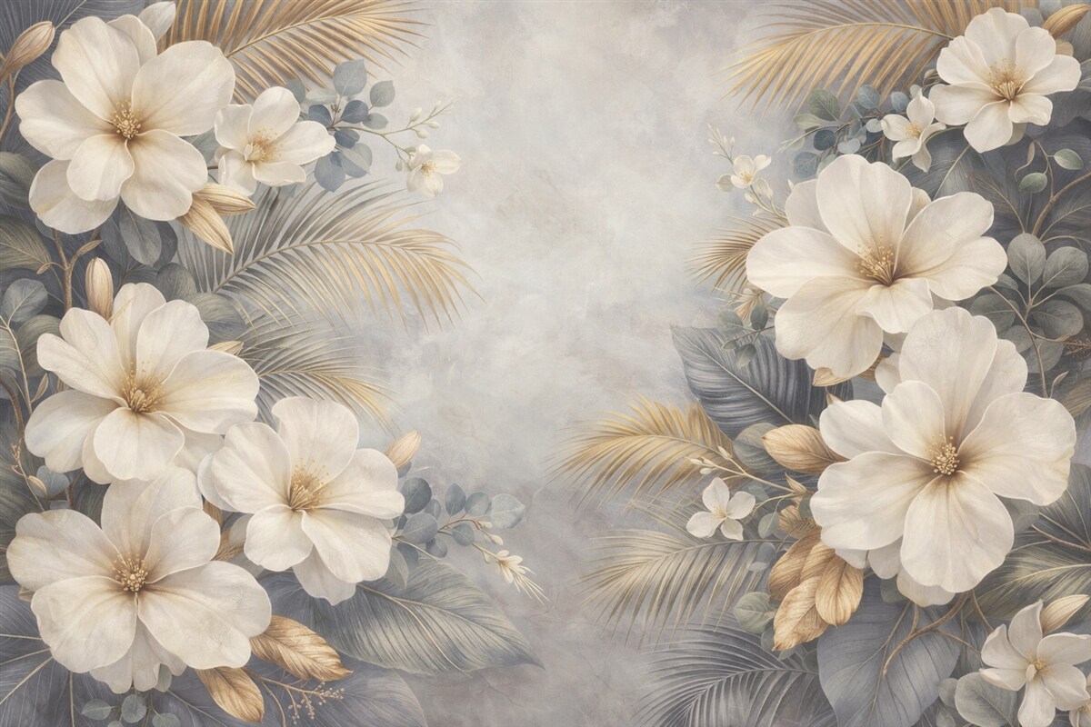 Fototapeta Tropikalny kwiatowy motyw z wielkimi białymi i żółtymi kwiatami hibiskusa oraz liśćmi palmowymi w delikatnych tonach szarości i beżu.