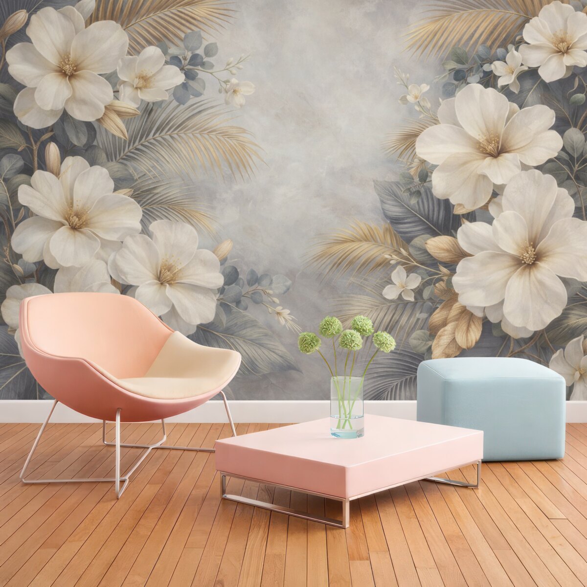 Fototapeta Tropikalny kwiatowy motyw z wielkimi białymi i żółtymi kwiatami hibiskusa oraz liśćmi palmowymi w delikatnych tonach szarości i beżu.