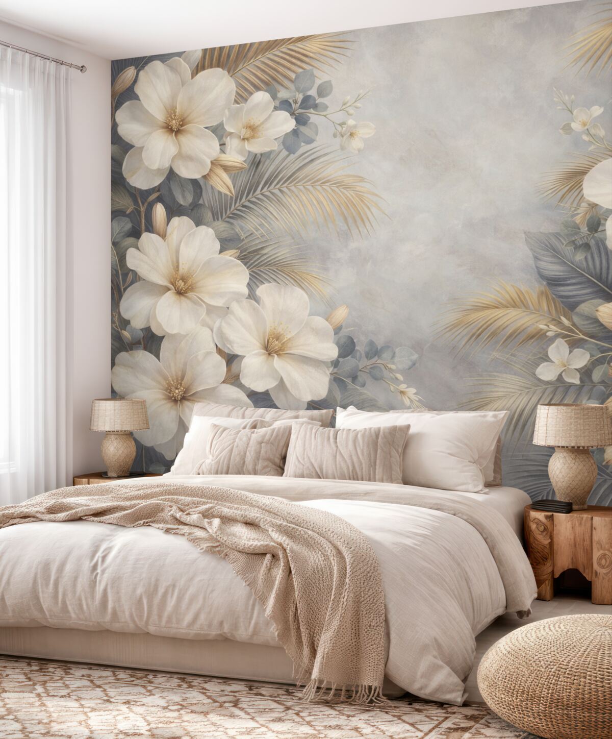 Fototapeta Tropikalny kwiatowy motyw z wielkimi białymi i żółtymi kwiatami hibiskusa oraz liśćmi palmowymi w delikatnych tonach szarości i beżu.