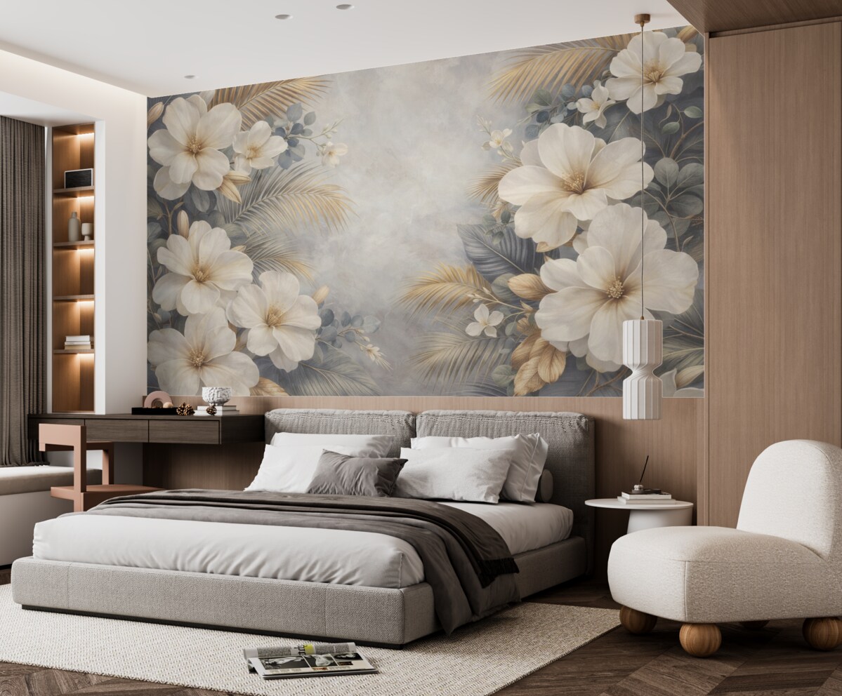 Fototapeta Tropikalny kwiatowy motyw z wielkimi białymi i żółtymi kwiatami hibiskusa oraz liśćmi palmowymi w delikatnych tonach szarości i beżu.