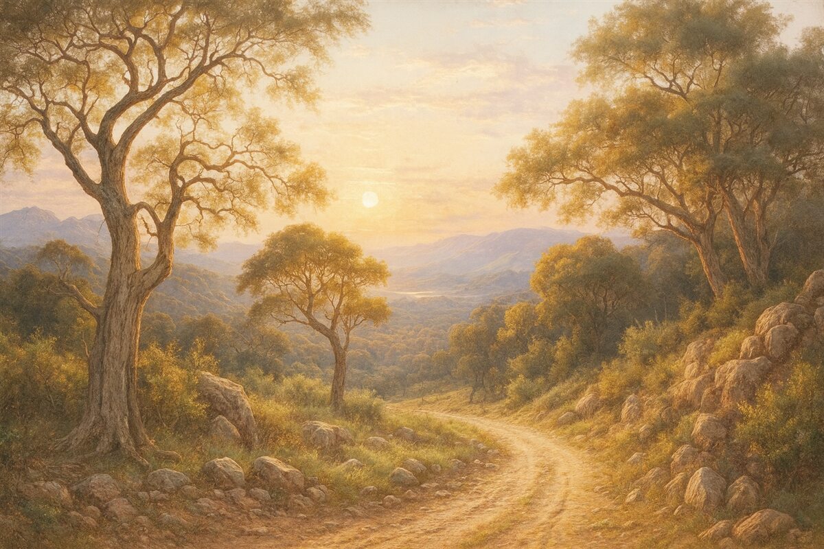 Fototapeta Kręta, wiejska ścieżka przez bujny, jesienny las z wysokimi, poskręcanymi drzewami i ciepłym słońcem.