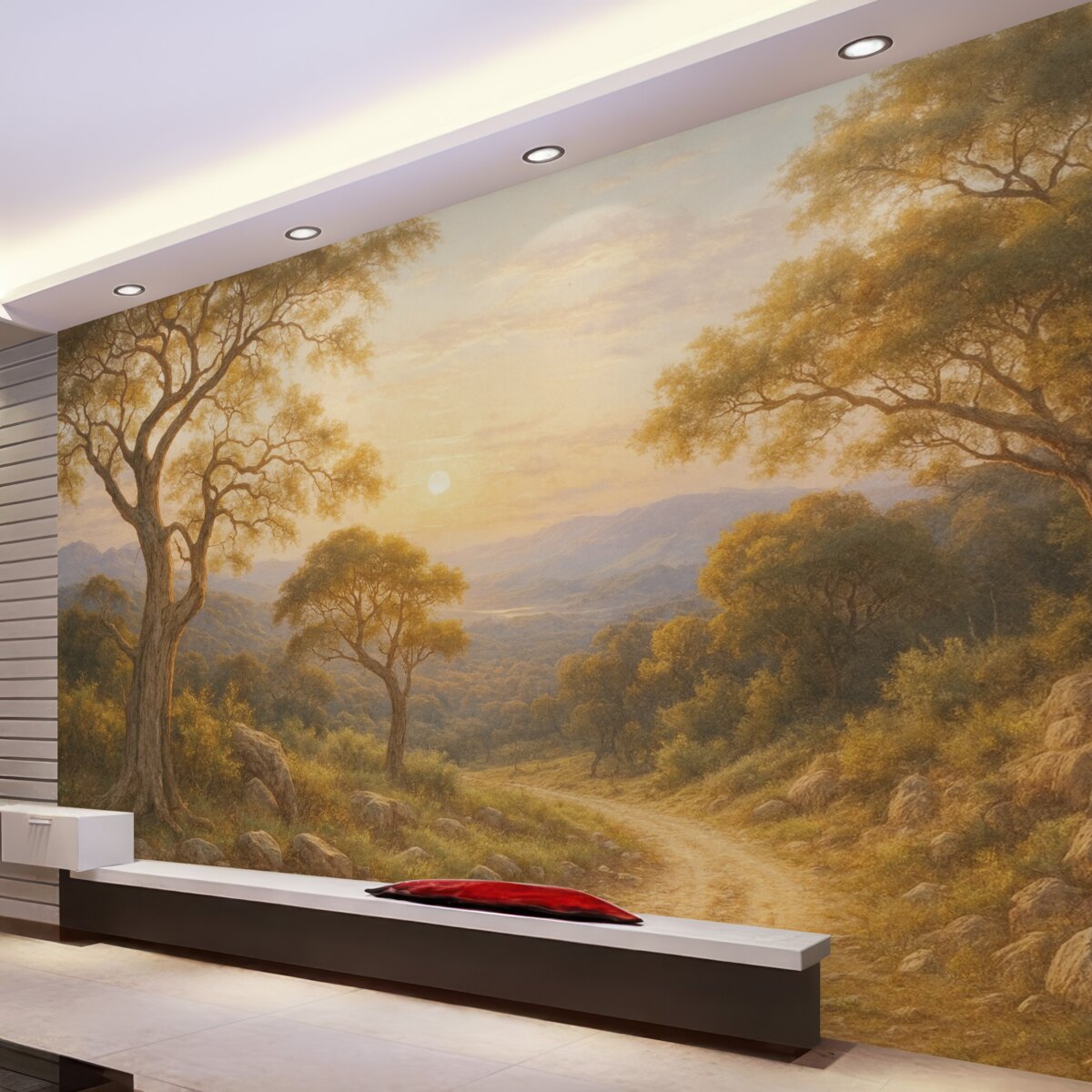 Fototapeta Kręta, wiejska ścieżka przez bujny, jesienny las z wysokimi, poskręcanymi drzewami i ciepłym słońcem.