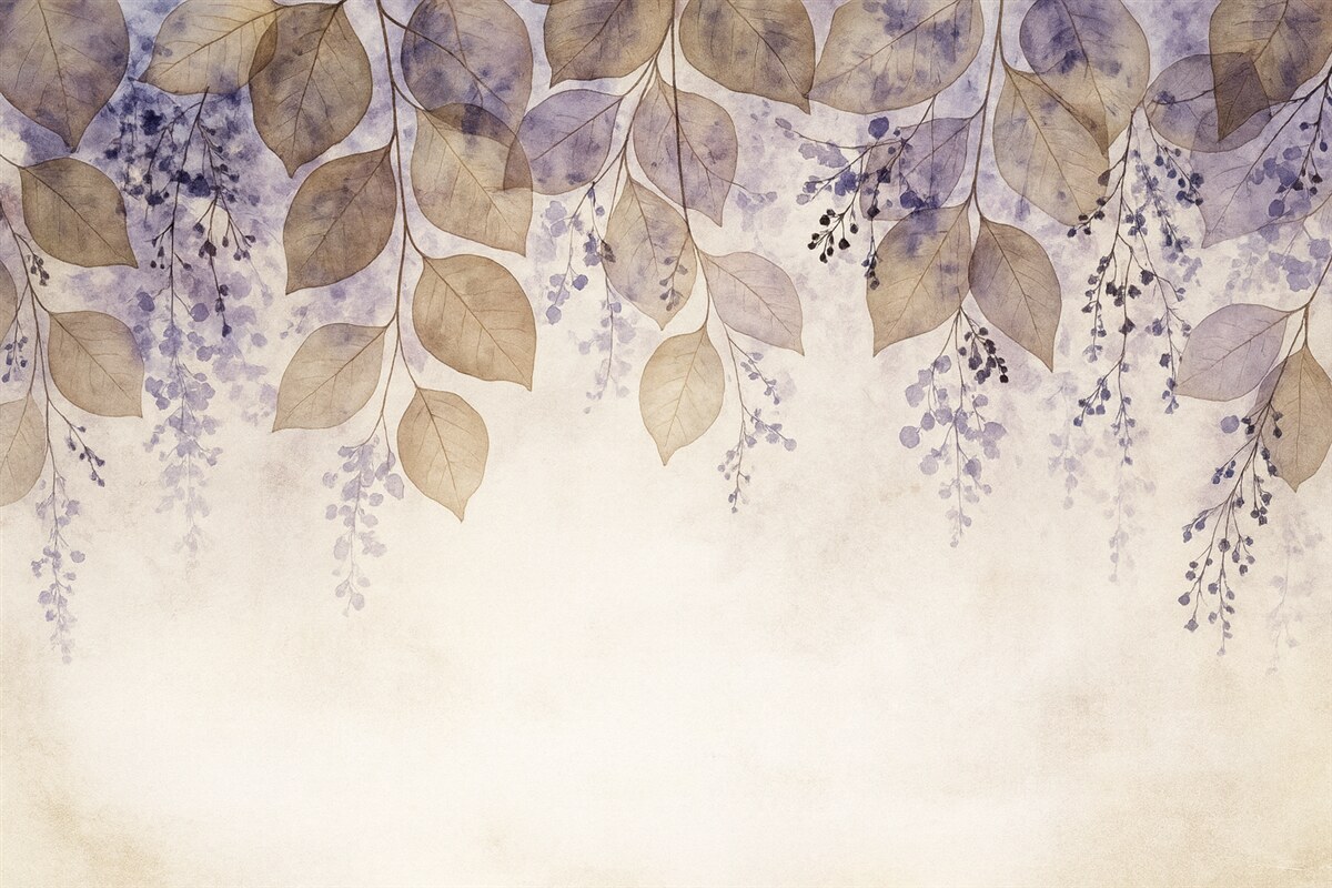 Fototapeta Subtelne, wysuszone liście oraz kwiaty w kolorach fioletu, beżu i bieli na jasnym, fakturowanym tle.