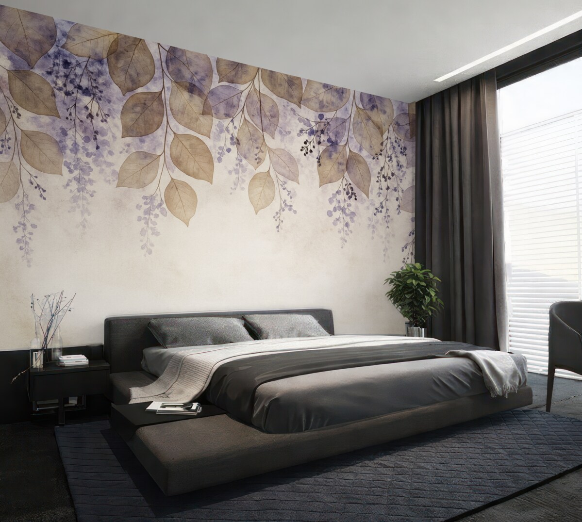 Fototapeta Subtelne, wysuszone liście oraz kwiaty w kolorach fioletu, beżu i bieli na jasnym, fakturowanym tle.