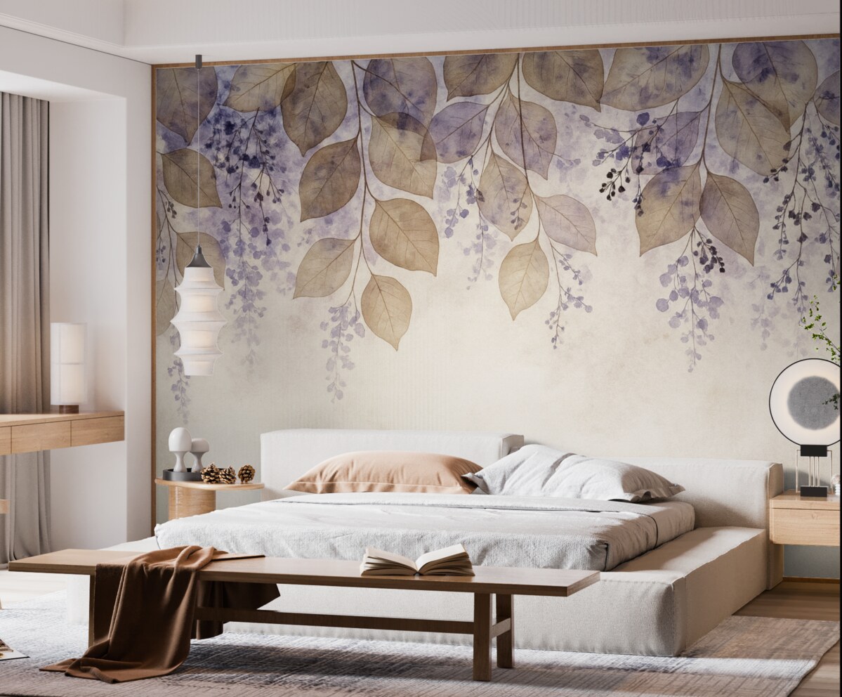 Fototapeta Subtelne, wysuszone liście oraz kwiaty w kolorach fioletu, beżu i bieli na jasnym, fakturowanym tle.