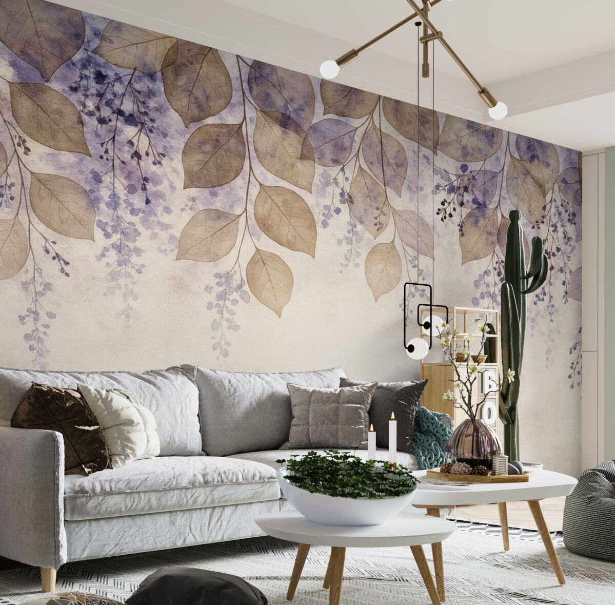 Fototapeta Subtelne, wysuszone liście oraz kwiaty w kolorach fioletu, beżu i bieli na jasnym, fakturowanym tle.