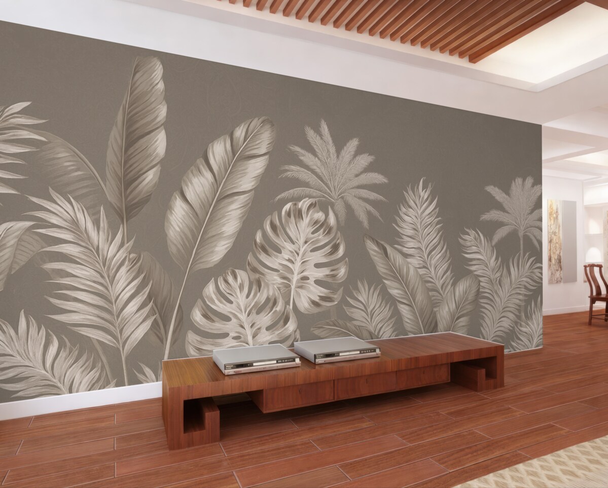 Fototapeta Obszerne, subtelne beżowe liście na stonowanym szarym tle, kreujące wesołą i eteryczną aurę.