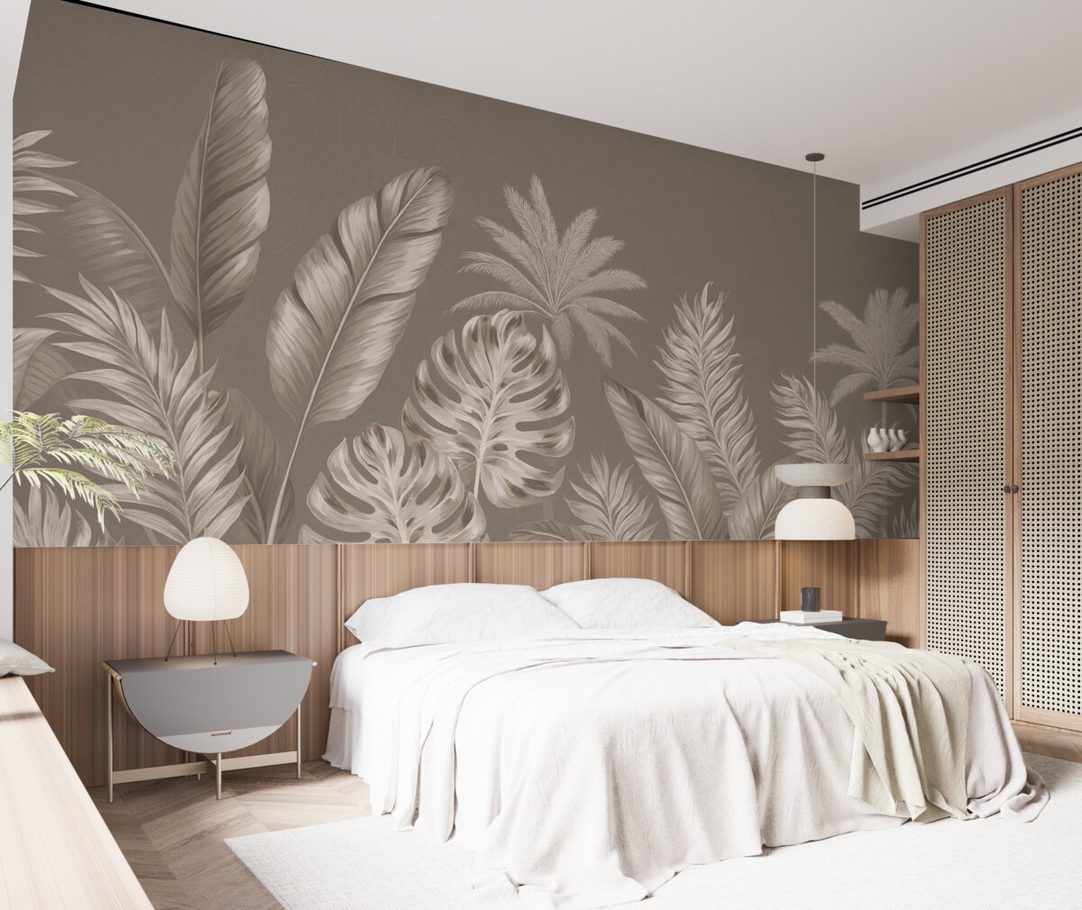 Fototapeta Obszerne, subtelne beżowe liście na stonowanym szarym tle, kreujące wesołą i eteryczną aurę.