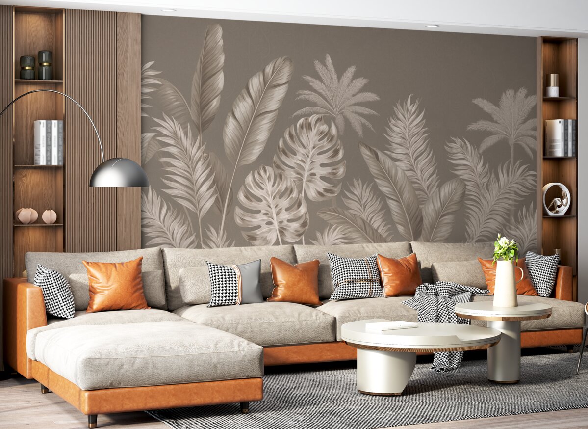 Fototapeta Obszerne, subtelne beżowe liście na stonowanym szarym tle, kreujące wesołą i eteryczną aurę.