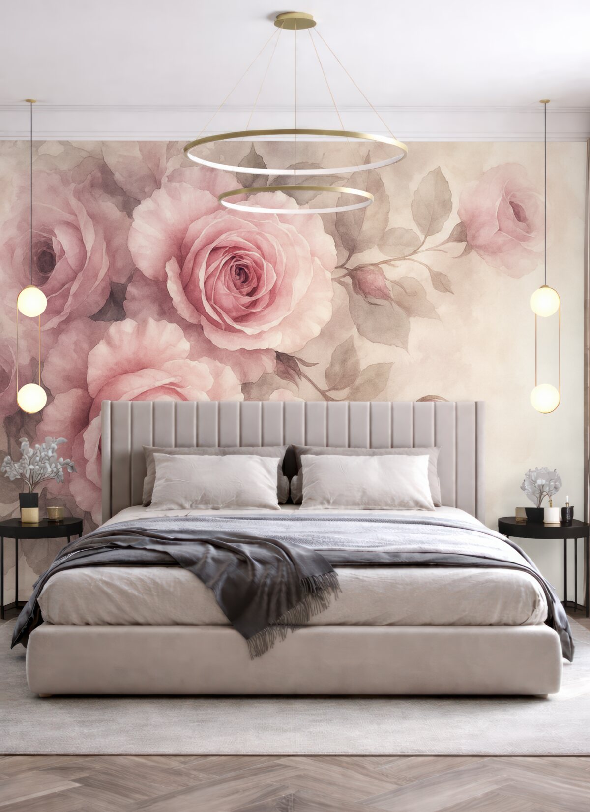 Fototapeta Subtelne pastelowe różowe róże oraz liście na tle o łagodnym, rozmytym wyglądzie przypominającym akwarelę.