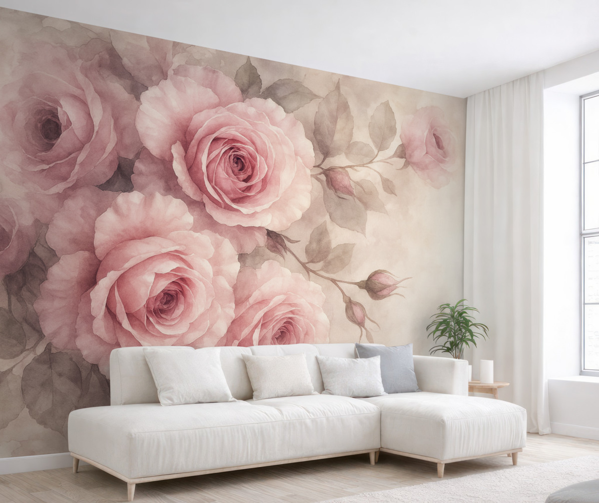 Fototapeta Subtelne pastelowe różowe róże oraz liście na tle o łagodnym, rozmytym wyglądzie przypominającym akwarelę.