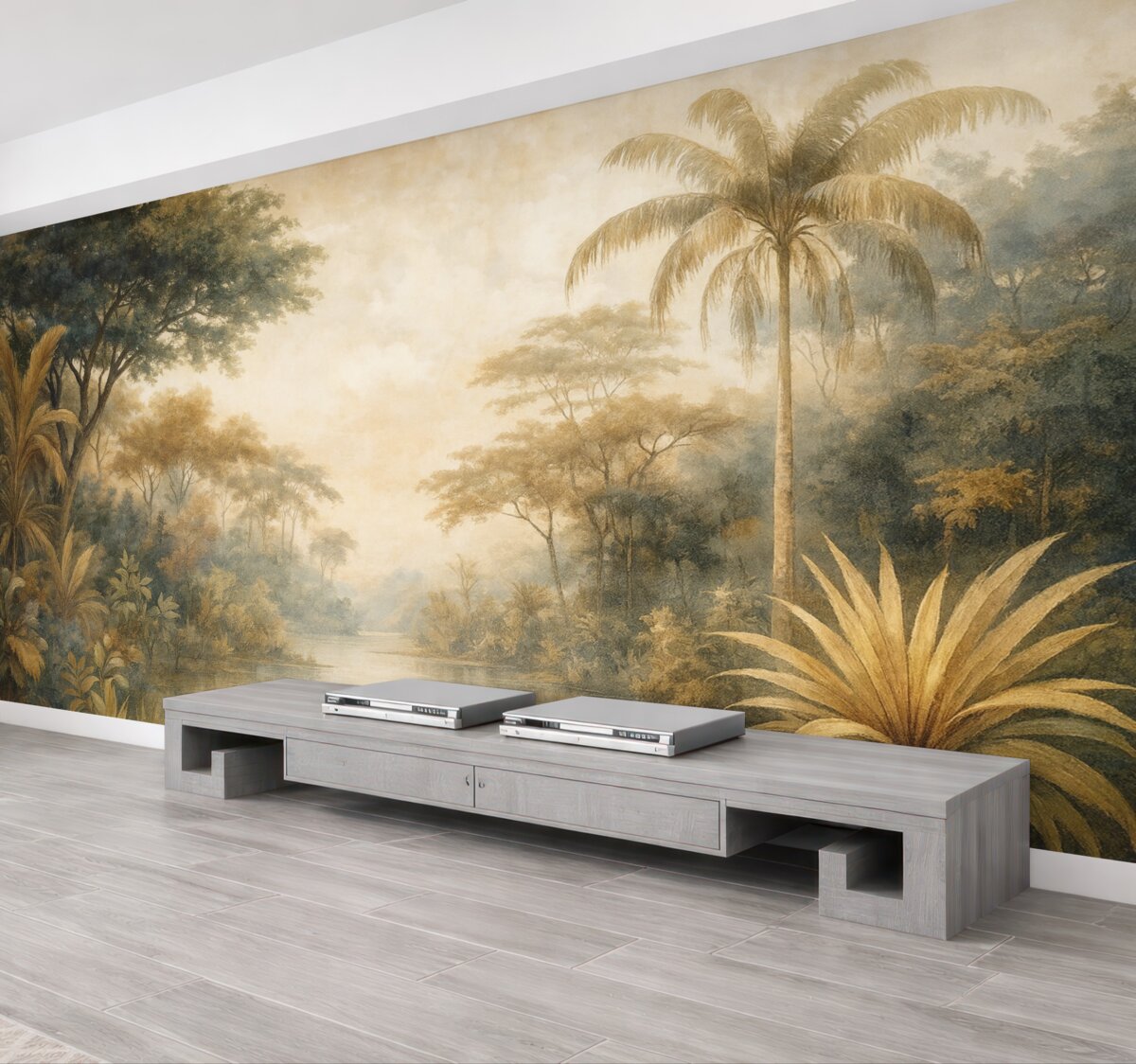 Fototapeta Teksturowany tropikalny pejzaż z cichą rzeką otoczoną zielonymi palmami, krzewami oraz innymi liśćmi.