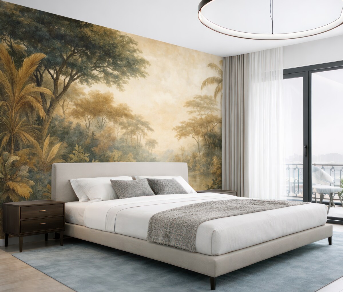 Fototapeta Teksturowany tropikalny pejzaż z cichą rzeką otoczoną zielonymi palmami, krzewami oraz innymi liśćmi.