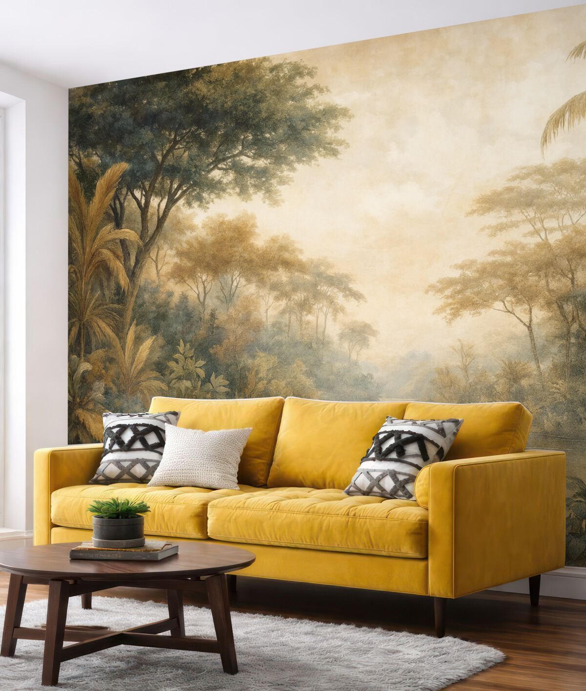 Fototapeta Teksturowany tropikalny pejzaż z cichą rzeką otoczoną zielonymi palmami, krzewami oraz innymi liśćmi.