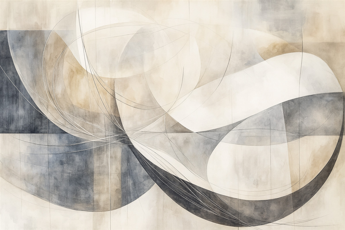 Fototapeta Abstrakcyjne formy i kształty w kolorach bieli, szarości, beżu oraz błękitu na zamglonym, teksturowanym tle.