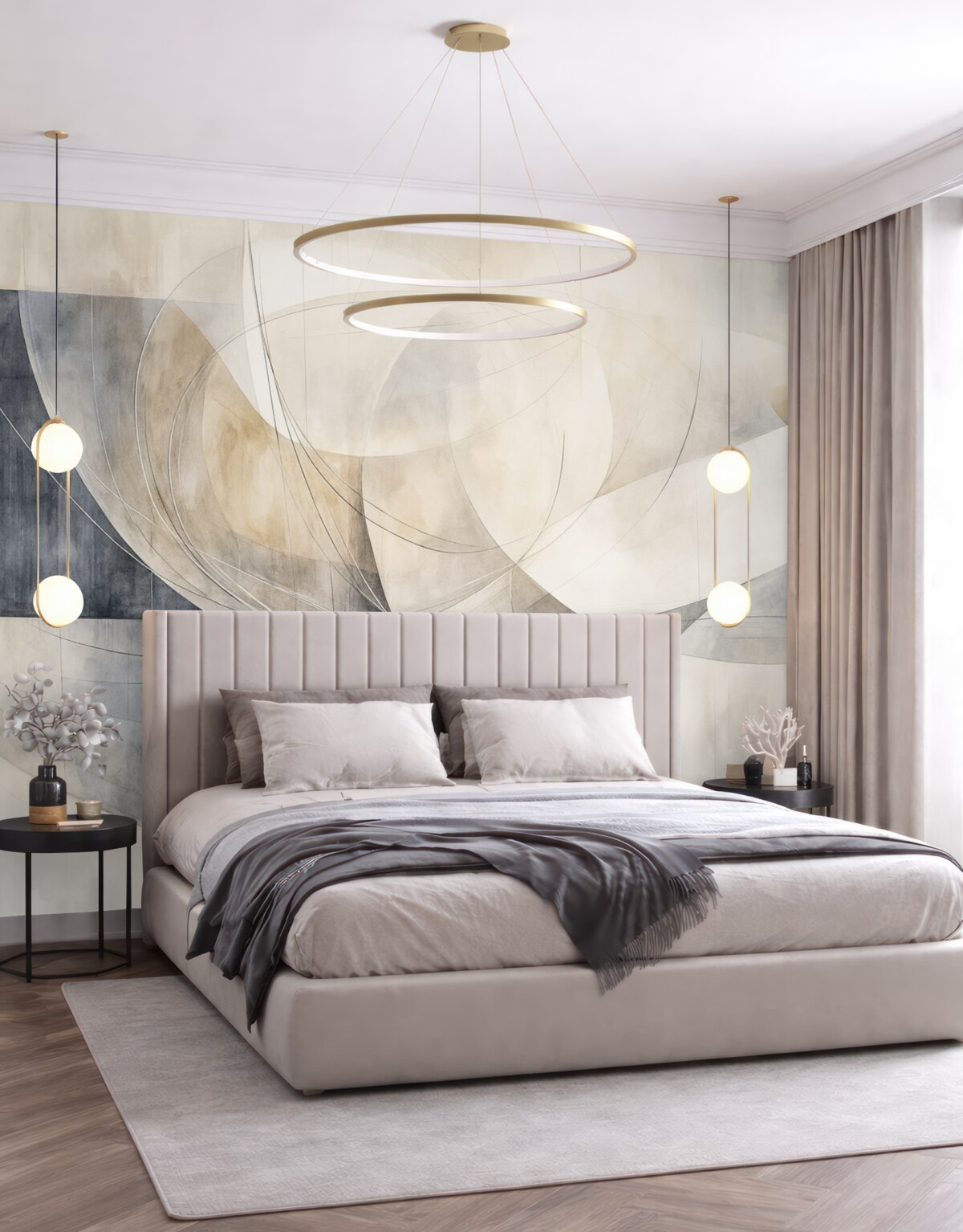 Fototapeta Abstrakcyjne formy i kształty w kolorach bieli, szarości, beżu oraz błękitu na zamglonym, teksturowanym tle.