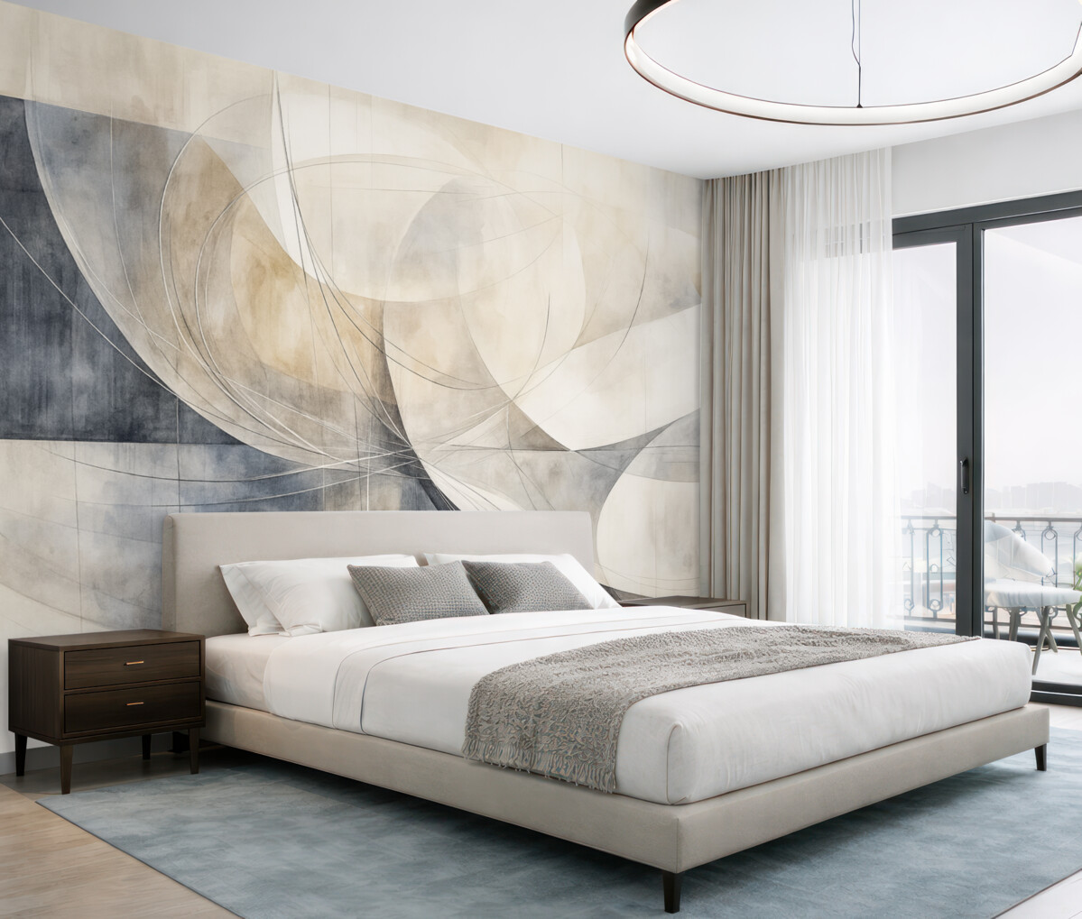 Fototapeta Abstrakcyjne formy i kształty w kolorach bieli, szarości, beżu oraz błękitu na zamglonym, teksturowanym tle.