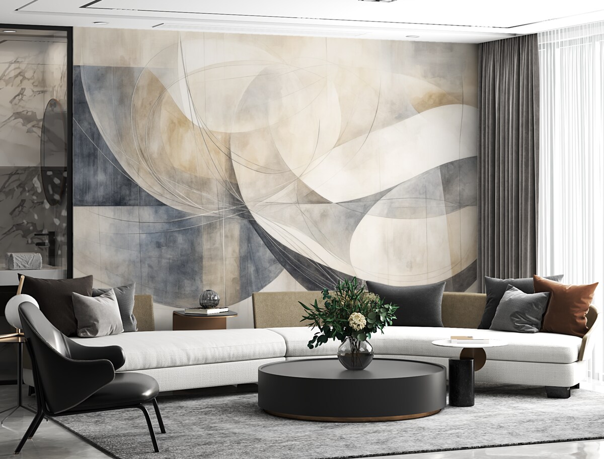 Fototapeta Abstrakcyjne formy i kształty w kolorach bieli, szarości, beżu oraz błękitu na zamglonym, teksturowanym tle.