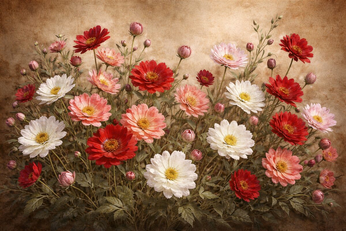 Fototapeta Łąka kolorowych kwiatów przypominających stokrotki w rozmaitych odcieniach różu, czerwieni i bieli na wzorzystym tle.