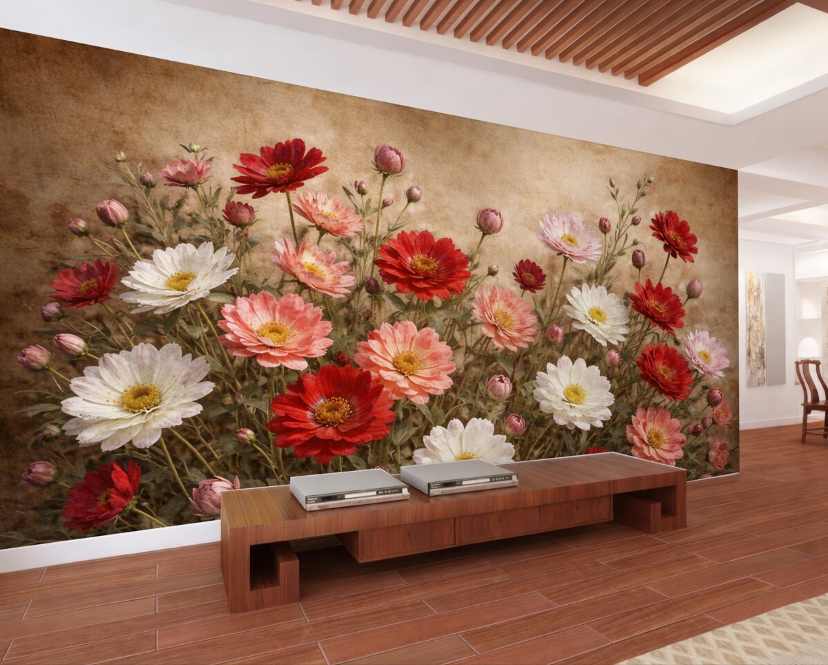 Fototapeta Łąka kolorowych kwiatów przypominających stokrotki w rozmaitych odcieniach różu, czerwieni i bieli na wzorzystym tle.