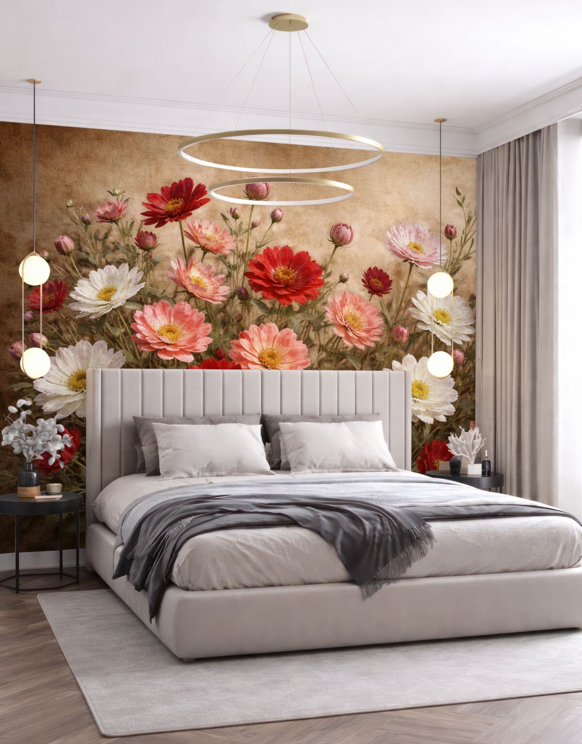 Fototapeta Łąka kolorowych kwiatów przypominających stokrotki w rozmaitych odcieniach różu, czerwieni i bieli na wzorzystym tle.