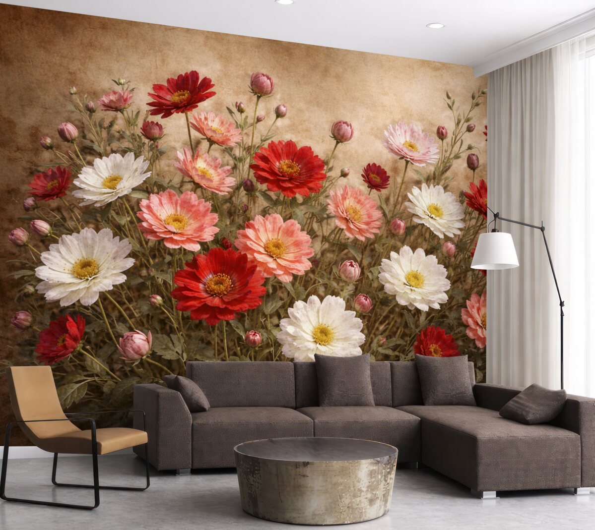 Fototapeta Łąka kolorowych kwiatów przypominających stokrotki w rozmaitych odcieniach różu, czerwieni i bieli na wzorzystym tle.