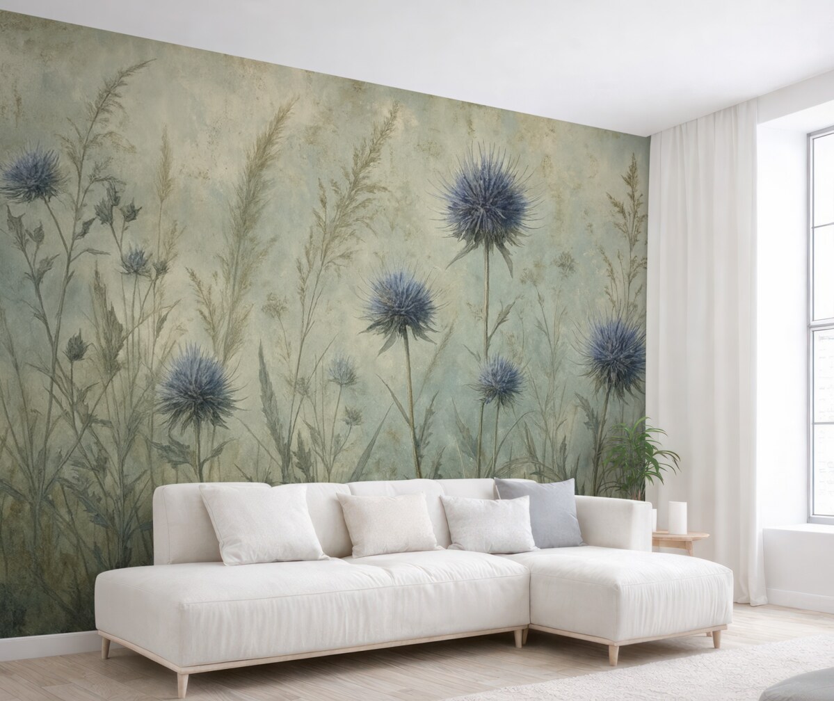 Fototapeta Łąka fioletowych kwiatów ostu z nieostrymi kwiatami i liśćmi na tkaninie o teksturze w stylu retro.