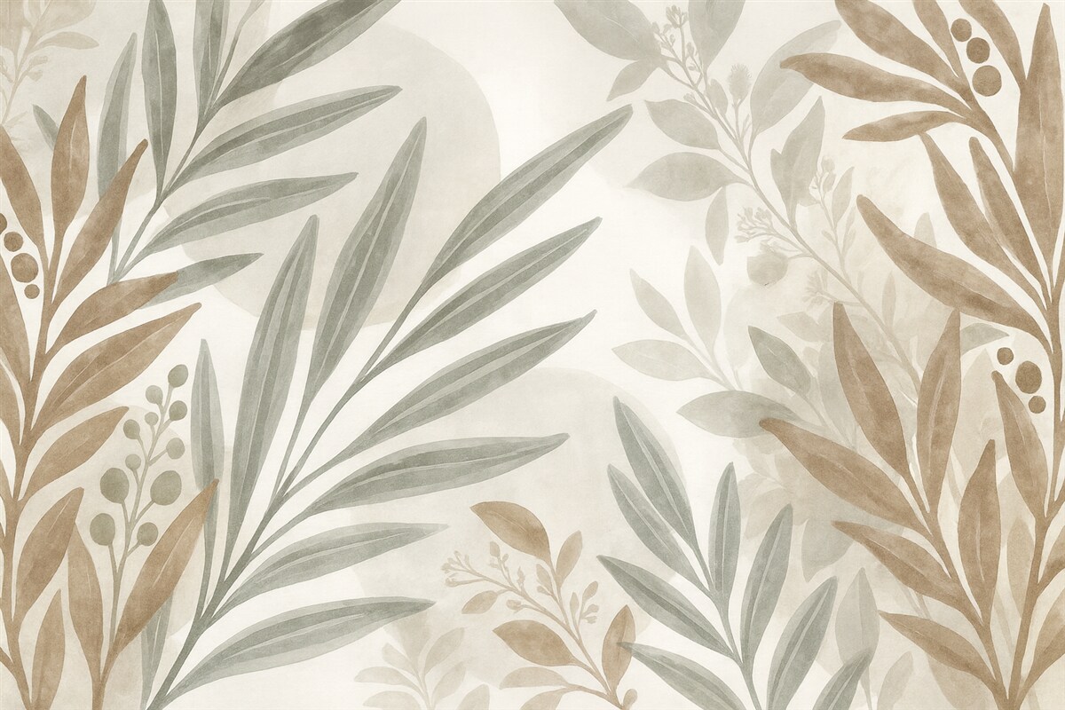 Fototapeta Neutralny, abstrakcyjny wzór z kwiatami, w którym na siebie nachodzą liście oraz kształty w odcieniach szarości, bieli i beżowym.